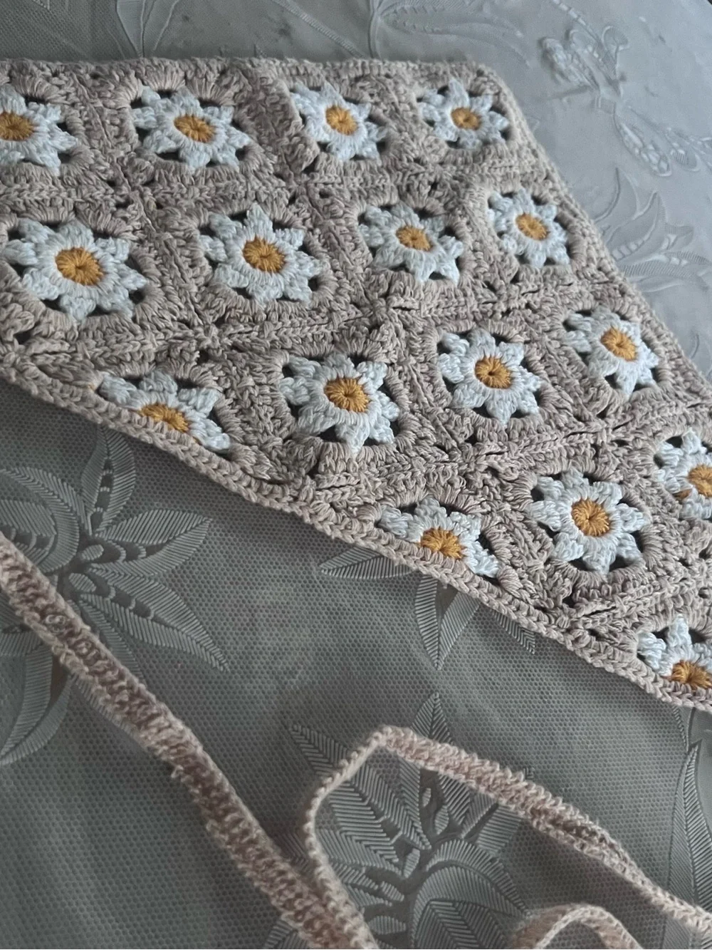 Handmade Beige Daisy Crochet Headband with White and Yellow Accents
